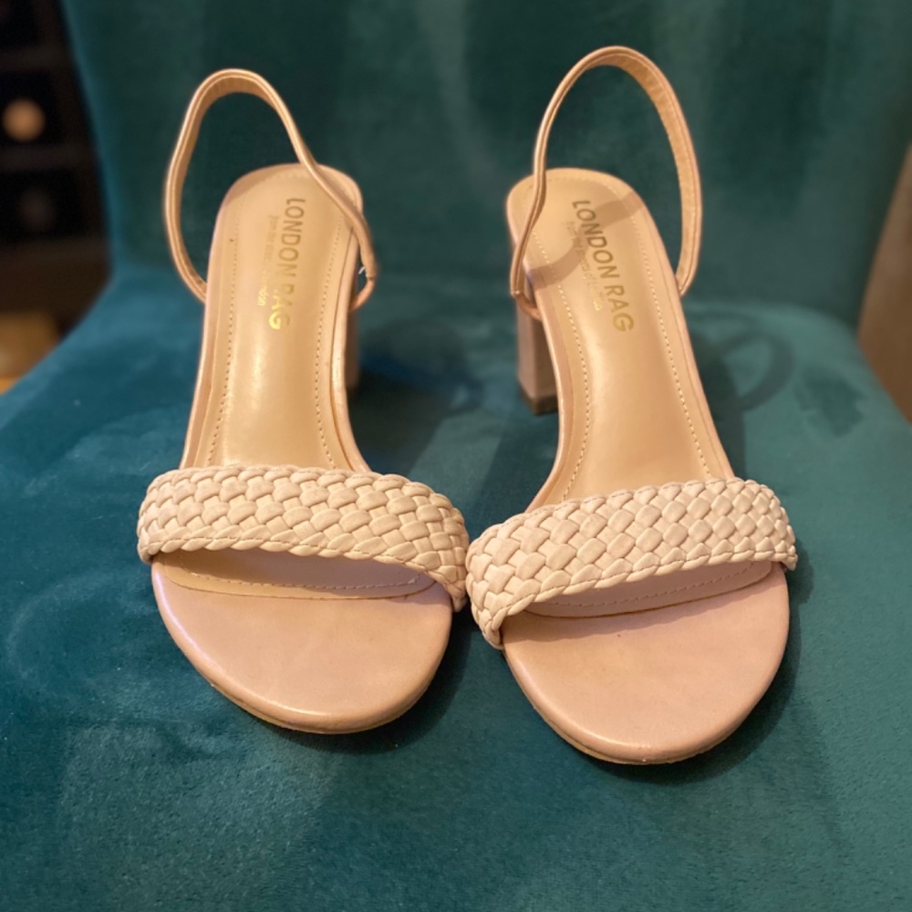 Nude blush sling back block heel braided sandals - Picture 6 of 8